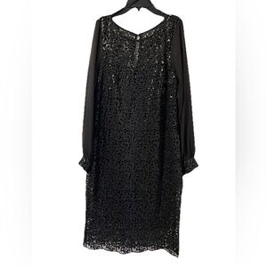 Marina Sequined Embroidered Lace Dress Women’s 12 Black Lined Sheer Sleeve NWD